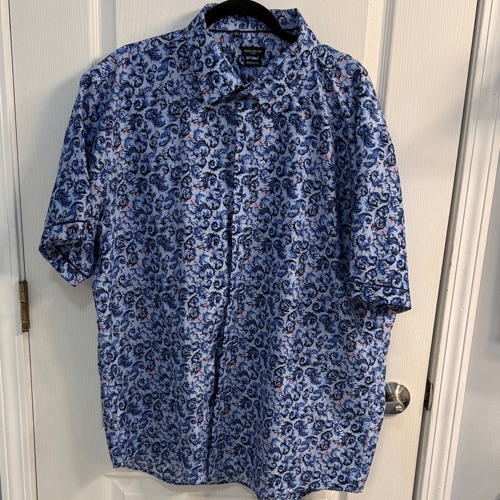 Rosso Milano Men's Blue and Pink Patterned Modern Fit Button Shirt - Size 3XL
